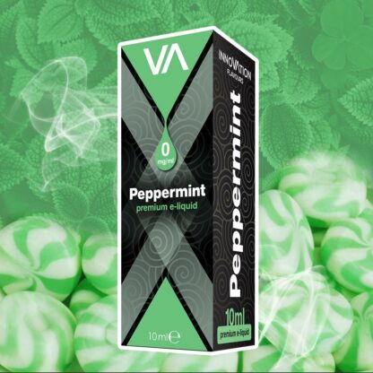 Innovation Flavours Peppermint e-juice black and green package green candies background