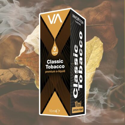 Innovation Flavours Classic Tobacco e-juice black, brown and yellow package tobacco leaves background
